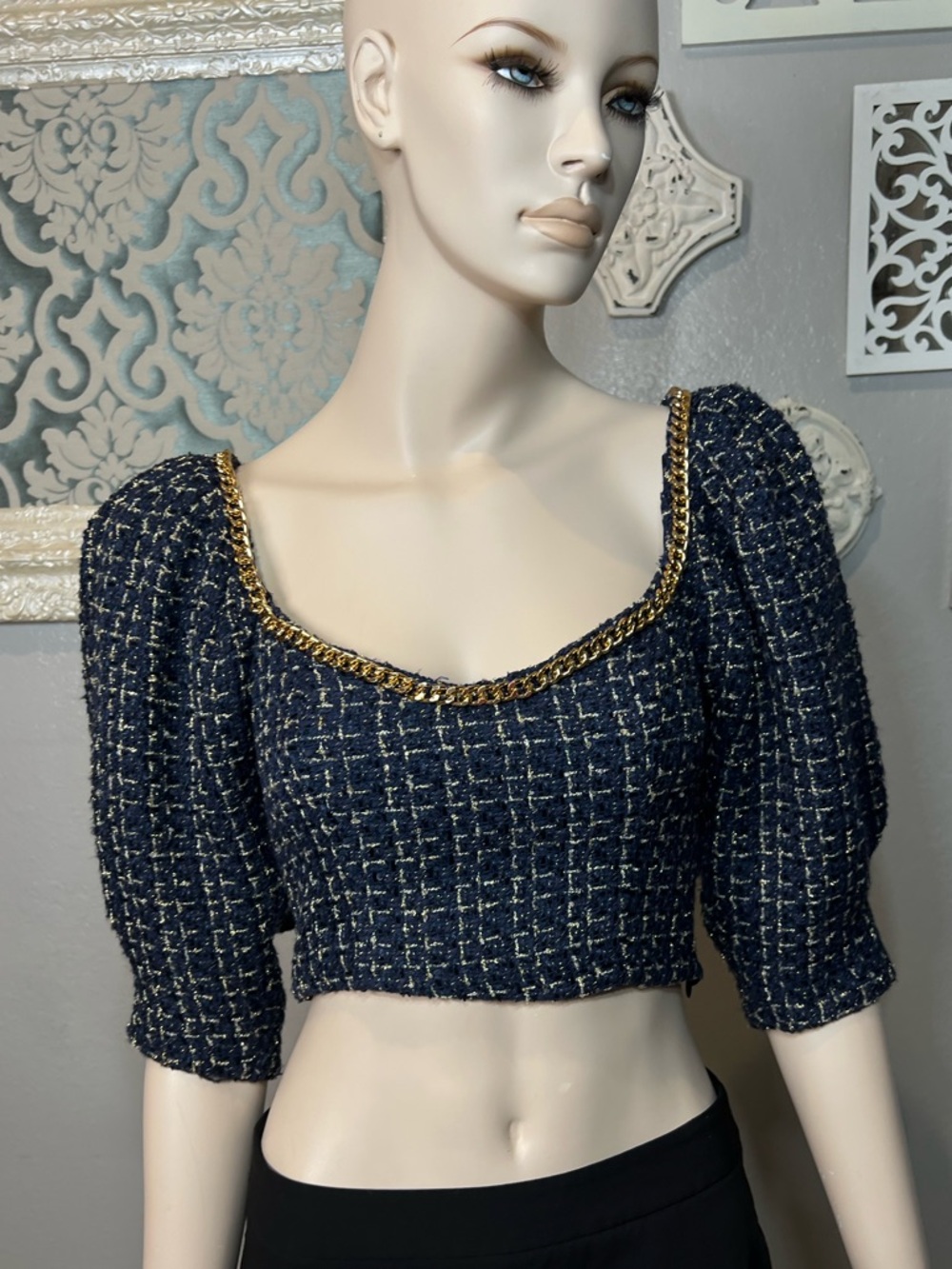 DO+BE Navy Tweed Cropped Puff-Sleeve Top with Gold Chain Trim